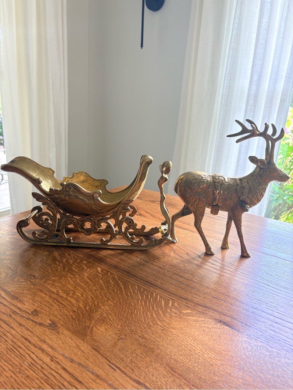 Vintage Brass deer and 2-piece sleigh- ~5.6 pounds ~19 inches long! Christmas!